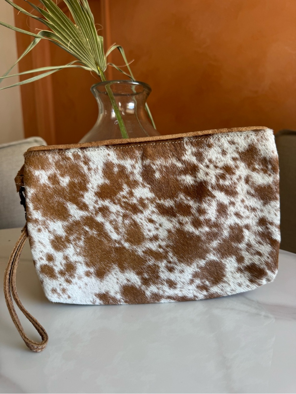 Myra Bag Cowhide Leather Clutch Wristlet Western Hair On Hide Brown White